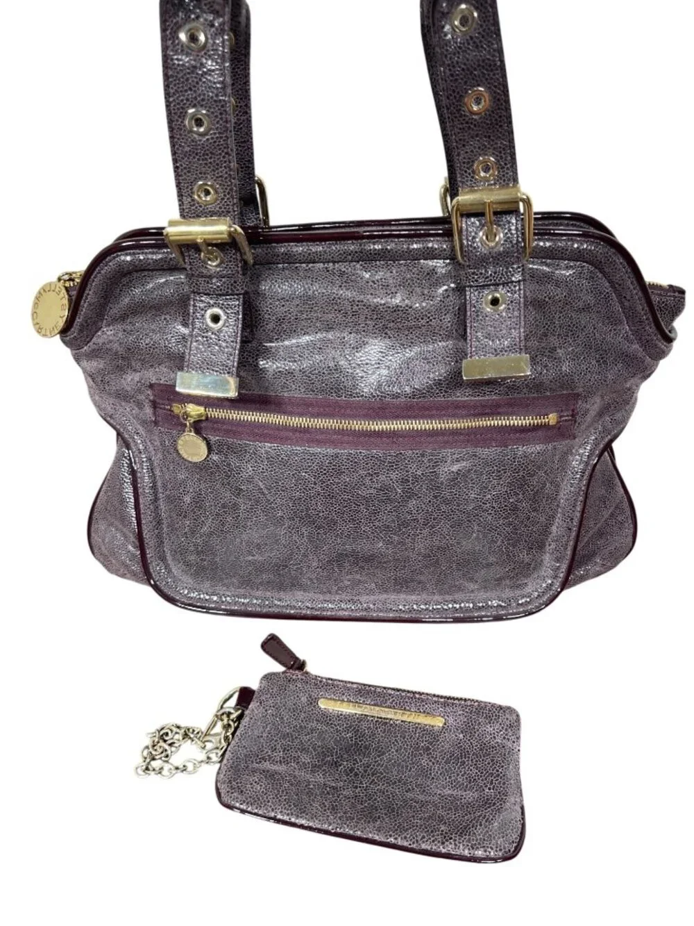STELLA MCCARTNEY Double Handle Distressed Vegan Leather Satchel Glossy Plum OS